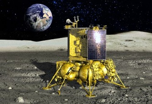 Καλλιτεχνική απεικόνιση του «Λούνα-25» στη Σελήνη, με τη Γη λίγο πάνω από τον ορίζοντα