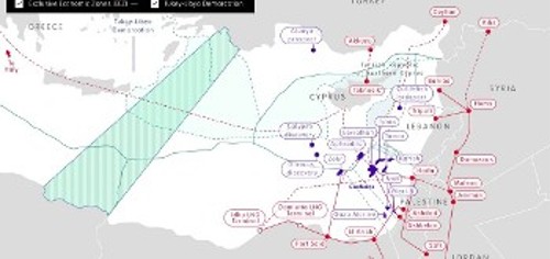 Ορισμένοι από τους ενεργειακούς πόρους της Ανατ. Μεσογείου και τα σχέδια για την εξαγωγή τους μέσω και της Κρήτης (πηγή: «Geopolitics of Oil and Gas in the MENA Region»)