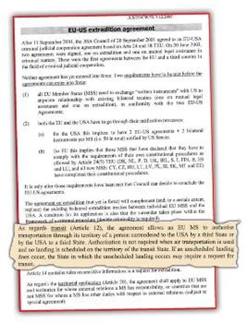 Το έγγραφο της ΕΕ που περιγράφει το άρθρο 12 της συμφωνίας των Ευρωπαίων με τις ΗΠΑ, με την οποία δίνεται το «ελεύθερο» στους Αμερικανούς για τη διακίνηση «εγκληματιών» από το ευρωπαϊκό έδαφος