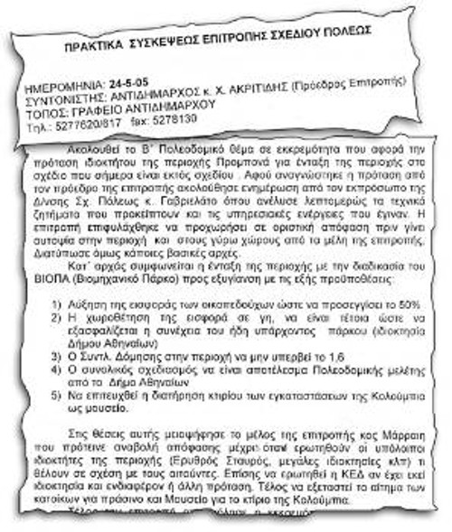 Το σχετικό απόσπασμα από τα πρακτικά της Σύσκεψης Επιτροπής Σχεδίου Πόλεως.