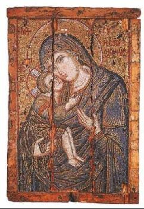 Ψηφιδωτή εικόνα Παναγίας Ελεούσας με την επωνυμία «Η Επίσκεψις». Βυζαντινό Μουσείο Αθηνών, τέλος 13ου αιώνα
