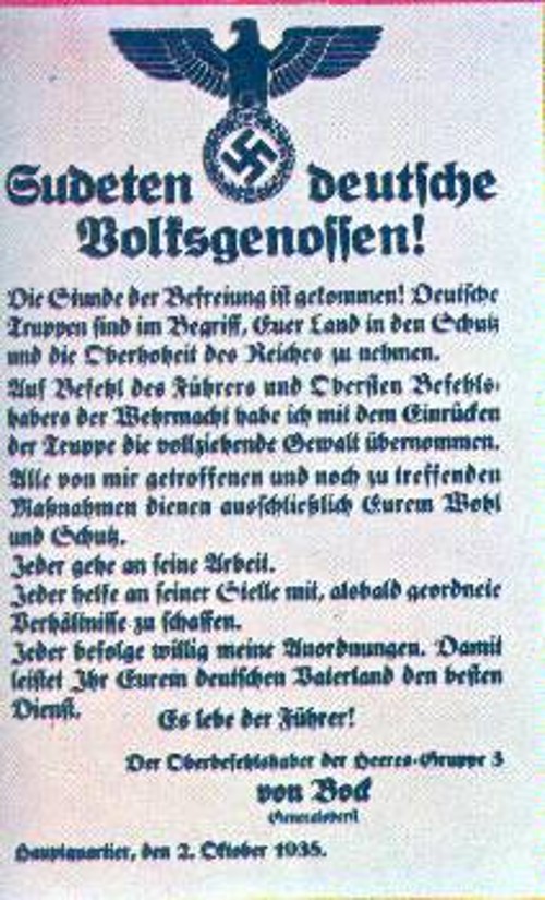 Προκήρυξη του γερμανικού στρατού κατοχής προς τους Σουδήτες - «Η ώρα της απολυτρώσεως ήρθε»