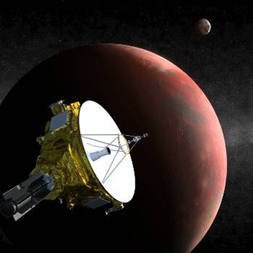 Καλλιτεχνική απεικόνιση του διαστημικού σκάφους «Νέοι Ορίζοντες» καθώς θα πλησιάζει τον Πλούτωνα και το δορυφόρο του Χάροντα, το 2015