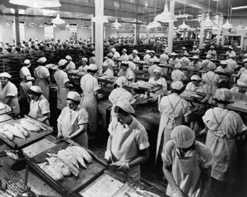 Εργάτριες και εργάτες σε εργοστάσιο ψαριών στο Ορεγκον των ΗΠΑ το 1940