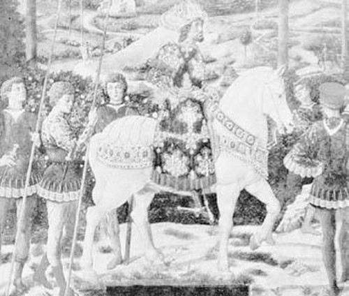 Τοιχογραφία του Μπενότο Γκότσολι σε φλωρεντινό παρεκκλήσι, που απεικονίζει τον αυτοκράτορα Ιωάννη Η` Παλαιολόγο, κατά την επίσκεψή του στη Φλωρεντία για τη Σύνοδο της Ενωσης των Εκκλησιών