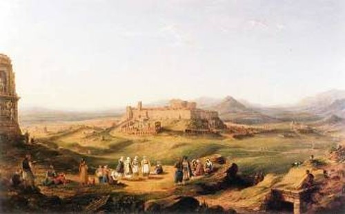 Αποψη της Αθήνας από το λόφο των Μουσών (ελαιογραφία του Richard Bankes Harraden, 1828). Συλλογή της Βουλής των Ελλήνων