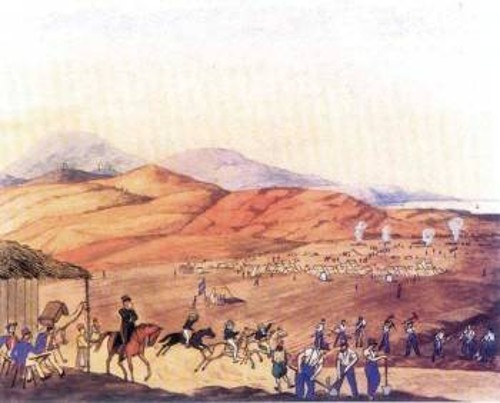 Βαυαροί στρατιώτες κατασκευάζουν την οδό Πειραιώς, 1836 (υδατογραφία, Εθνικό Ιστορικό Μουσείο)