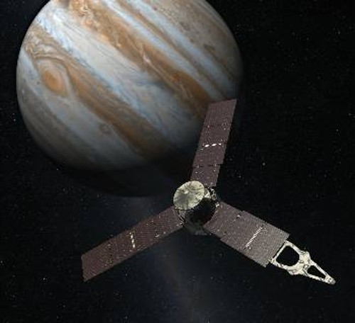 Καλλιτεχνική απεικόνιση του Juno σε τροχιά γύρω από το γιγαντιαίο πλανήτη του ηλιακού μας συστήματος