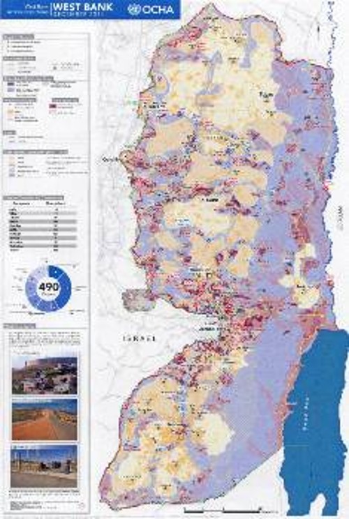 Δυτική Οχθη: Οι καφέ «νησίδες» είναι ισραηλινοί εποικισμοί, ενώ οι μοβ περιοχές έχουν μετατραπεί σε «πεδία βολής» από τον ισραηλινό στρατό, με βάση τις συμφωνίες του Οσλο που υποτίθεται πως θα οδηγούσαν σταδιακά στην ανεξαρτησία της Παλαιστίνης, αλλά αντ' αυτού σκλήρυναν και κλιμάκωσαν την αρπαγή και την κατοχή της παλαιστινιακής γης