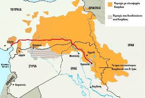 Οι περιοχές με κουρδικούς πληθυσμούς και ο αγωγός πετρελαίου Κιρκούκ (Ιράκ) - Τσεϊχάν (Τουρκία)