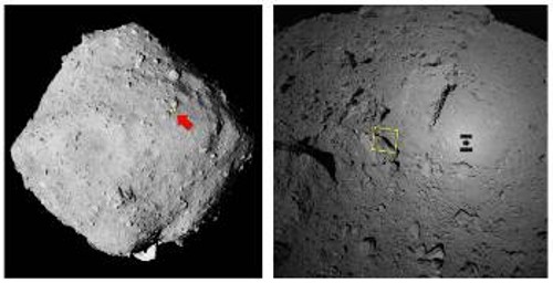Σημειωμένη με κίτρινο τετράγωνο η περιοχή της επιφάνειας του κυβοειδούς Ριούγκου, τις λεπτομέρειες της οποίας αναδεικνύει η φωτογραφία υψηλής ανάλυσης. Στη φωτ. δεξιά το «Χαγιαμπούσα - 2» έχει πετύχει να φωτογραφίσει και τη σκιά του πάνω στον αστεροειδή