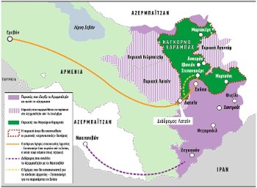 Στον χάρτη που δημοσιεύεται σε ρωσικά ΜΜΕ φαίνονται οι μεγάλες απώλειες για τις αρμενικές δυνάμεις και η ακόμα μεγαλύτερη συρρίκνωση του Ναγκόρνο Καραμπάχ